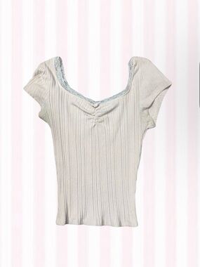 Full Tilt Ribbed Lace-Trim Short Sleeve Tee - Cream